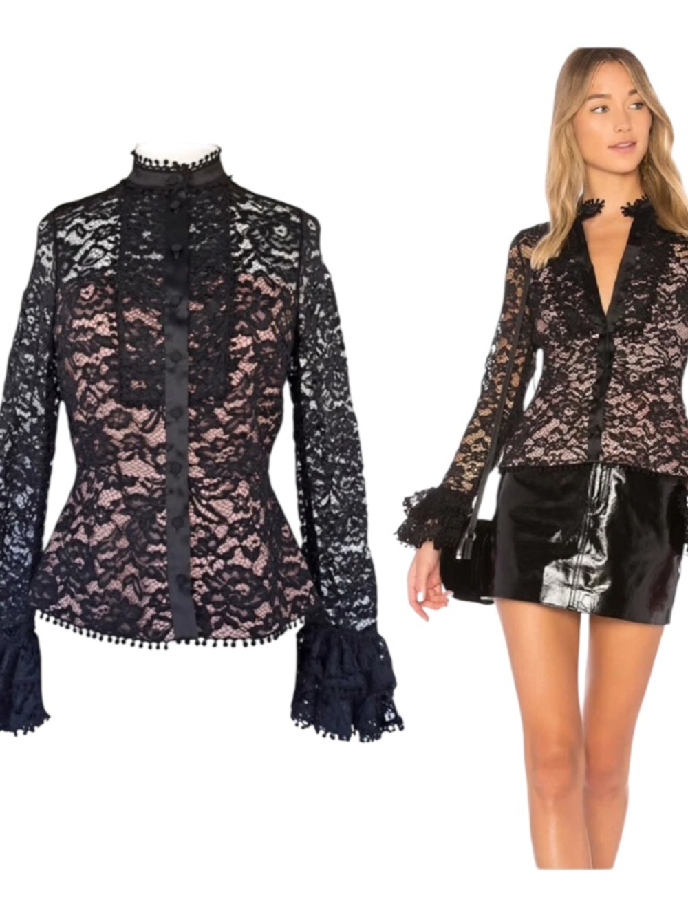 Alexis Inna Black Lace Button-Front Ruffle Cuff Women's Top Sz M - Picture 3 of 9